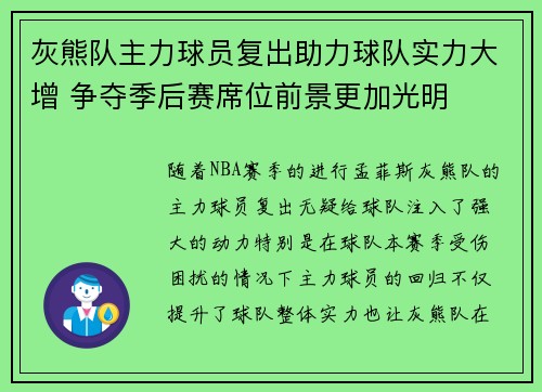 灰熊队主力球员复出助力球队实力大增 争夺季后赛席位前景更加光明