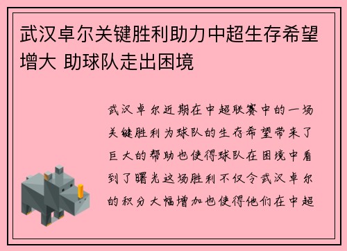 武汉卓尔关键胜利助力中超生存希望增大 助球队走出困境