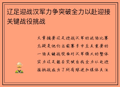 辽足迎战汉军力争突破全力以赴迎接关键战役挑战