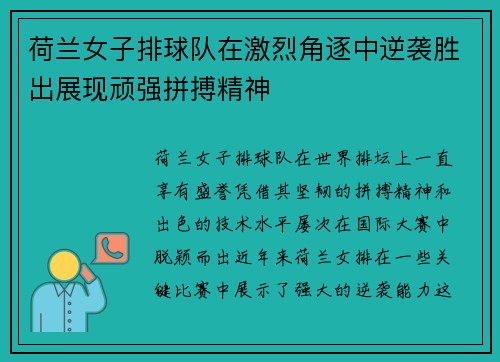 荷兰女子排球队在激烈角逐中逆袭胜出展现顽强拼搏精神