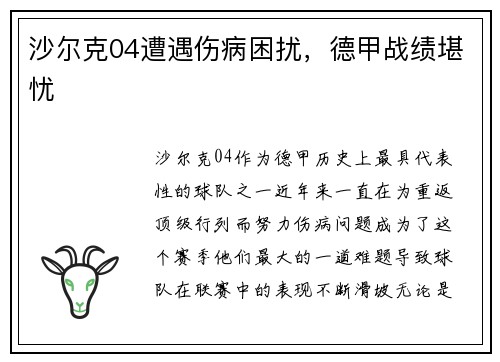 沙尔克04遭遇伤病困扰，德甲战绩堪忧