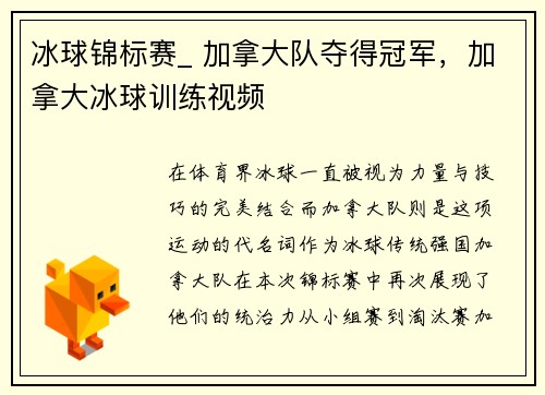 冰球锦标赛_ 加拿大队夺得冠军，加拿大冰球训练视频