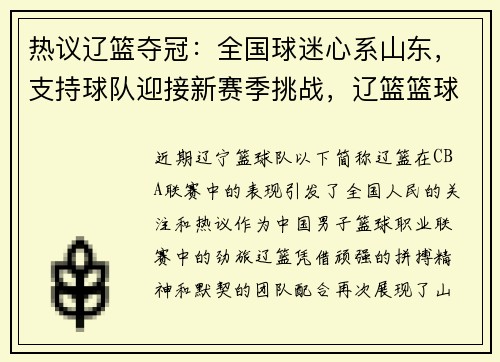 热议辽篮夺冠：全国球迷心系山东，支持球队迎接新赛季挑战，辽篮篮球比赛