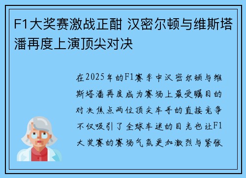 F1大奖赛激战正酣 汉密尔顿与维斯塔潘再度上演顶尖对决